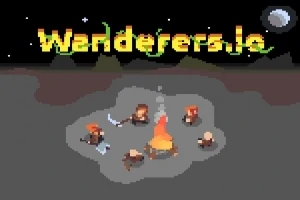 Bir grup insan gece vakti kamp ateşinin etrafında oturmuş, gökyüzünde ay görülüyor ve üst kısımda Wanderers