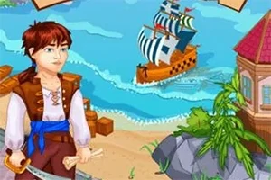 Deniz kenarında kılıç tutan genç bir korsan, uzaklarda yelkenli bir gemi