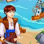 Deniz kenarında kılıç tutan genç bir korsan, uzaklarda yelkenli bir gemi