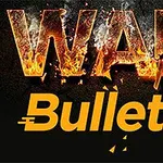 Ateş ve duman efektleriyle süslenmiş WAR ve yanında sarı renkte bir mermi sembolüyle birlikte Bullet yazısı