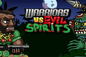 Bir savaşçı tüfekle sol tarafta, kılıçlı bir canavar ise sağ tarafta karşı karşıya duruyor ve üst kısımda Warriors vs Evil Spirits yazısı bulunuyor