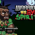 Bir savaşçı tüfekle sol tarafta, kılıçlı bir canavar ise sağ tarafta karşı karşıya duruyor ve üst kısımda Warriors vs Evil Spirits yazısı bulunuyor