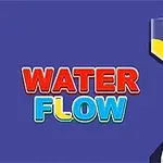 Mavi arka plan üzerinde Water Flow yazısı ve cam kaplar arasında sarı sıvı akışı