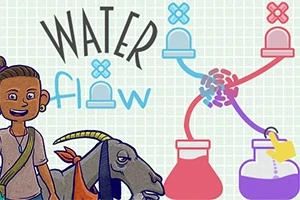 Bir çocuk ve yanındaki keçi ile birlikte su akışını gösteren şematik bir çizim ve Water Flow yazısı