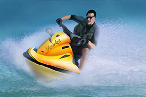 Denizde sarı bir jet ski üzerinde gözlük takmış bir adam