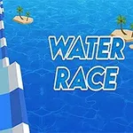 Kırmızı bir figür, mavi bir su kaydırağında sörf tahtası üzerinde ilerliyor, etrafta küçük ada benzeri platformlar ve WATER RACE yazısı bulunuyor