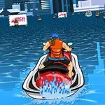Bir jet ski kullanan kişinin su üzerinde ilerlediği, arka planda şehir manzarasının görüldüğü bir sahne