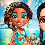 İki çizgi film karakteri, tropik bir plaj arka planında, biri mavi bikini ve yeşil takılarla gülümserken, diğeri siyah elbise ve kalp şeklinde küpelerle poz veriyor
