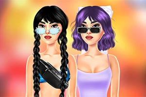 Renkli bulanık arka plan önünde, güneş gözlüğü takan biri siyah örgülü saçlı ve siyah üstlü, diğeri mor kısa saçlı ve mor elbiseli iki stilize kadın figürü