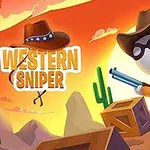 Kovboy şapkalı ve gözlüklü bir figür, çizilmiş çöl manzarasında tüfekle duruyor; yanında Western Sniper yazısı bulunuyor