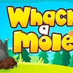 Köstebeğin kollarını kaldırarak topraktan çıktığı ve üzerinde büyük sarı harflerle Whack a Mole yazısının bulunduğu çizgi film tarzı renkli bir manzara