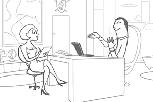 Whack Your PC Bir kadın ve bir erkeğin ofiste masa başında karşılıklı oturduğu karikatür tarzı çizim