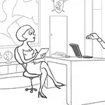 Whack Your PC Bir kadın ve bir erkeğin ofiste masa başında karşılıklı oturduğu karikatür tarzı çizim