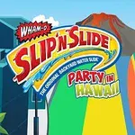 Slipn Slide yazısı, uzun saçlı bir çizgi karakter ve çeşitli renklerde kaydırakların yer aldığı tropikal bir arka plan