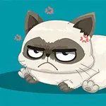 Kızgın ve kaşları çatık görünen beyaz, kahverengi detaylı karikatür kedi