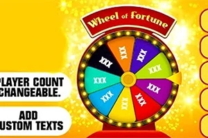 Renkli dilimlerden oluşan ve üzerinde Wheel of Fortune yazan sarı arka planlı bir çark