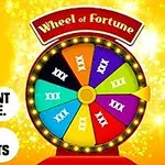 Renkli dilimlerden oluşan ve üzerinde Wheel of Fortune yazan sarı arka planlı bir çark