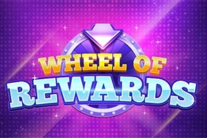Mor arka plan üzerinde renkli Wheel of Rewards yazısı ve büyük bir ödül çarkı