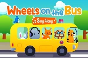 Sarı bir otobüs içinde hayvan karakterler ve üst kısımda Wheels on the Bus yazısı