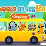 Sarı bir otobüs içinde hayvan karakterler ve üst kısımda Wheels on the Bus yazısı