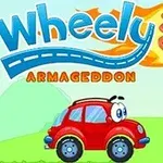 Kırmızı bir araba, arka planda bir değirmen ve üzerindeki Wheely 5: Armageddon yazısıyla birlikte mavi gökyüzünde yanan bir göktaşı