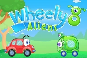 Gözleri olan kırmızı bir araba ve yeşil bir uzaylı arabanın çim üzerinde karşılaştığı bir sahne, arka planda ağaç ve dağlar ile Wheely 8 Aliens başlığı