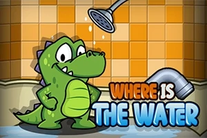 Yeşil bir timsah, duş altında, turuncu kareli bir duvarın önünde duruyor ve yanında Where is the Water yazısı bulunuyor