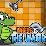Yeşil bir timsah, duş altında, turuncu kareli bir duvarın önünde duruyor ve yanında Where is the Water yazısı bulunuyor