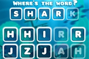 Mavi bir arka plan üzerinde kare çerçevelerde yer alan harflerle SHARK kelimesi oluşturulmuş