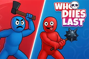 Who Dies Last Kırmızı ve mavi renkli iki çöp adam, biri balta, diğeri topuz tutarak karşı karşıya duruyor