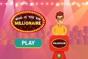 Sahne ışıkları altında bir yarışmacı ve Who is the Kid Millionaire başlığıyla birlikte büyük bir PLAY butonu