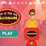 Sahne ışıkları altında bir yarışmacı ve Who is the Kid Millionaire başlığıyla birlikte büyük bir PLAY butonu