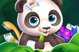 Kucağında yeşil bir yaprak tutan sevimli bir panda, etrafında fırça ve çeşitli kıyafetlerle birlikte görülüyor