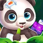 Kucağında yeşil bir yaprak tutan sevimli bir panda, etrafında fırça ve çeşitli kıyafetlerle birlikte görülüyor