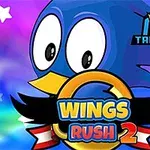 Mavi, büyük gözlü bir kuş figürü ve ön planda Wings Rush 2 yazılı bir logo, arka planda rengarenk yıldızlar