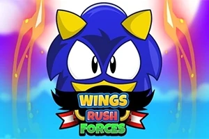 Mavi ve sarı renkte, boynuzları olan sevimli bir karakterin önden görünümü, alt kısmında Wings Rush Forces metni ile birlikte