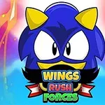 Mavi ve sarı renkte, boynuzları olan sevimli bir karakterin önden görünümü, alt kısmında Wings Rush Forces metni ile birlikte
