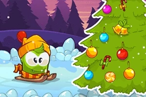 Bir kar manzarasında, kış kıyafetleri giymiş sevimli bir karakter ve süslenmiş bir Noel ağacı