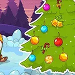 Bir kar manzarasında, kış kıyafetleri giymiş sevimli bir karakter ve süslenmiş bir Noel ağacı