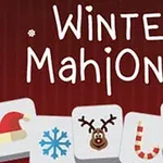 Kırmızı arka planda Noel temalı simgelerle süslenmiş taşlar ve Winter Mahjong yazısı