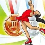 Kırmızı elbise ve paten giymiş bir kadın sporcu, artistik buz pateni hareketi yaparken arka planda üç madalya bulunuyor