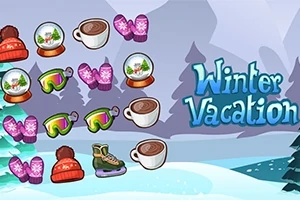 Kış temalı görselde kar küresi, sıcak çikolata, eldiven, kayak gözlüğü, bere, paten ve Winter Vacation yazısı yer alıyor