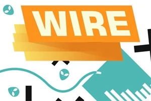 Turuncu ve sarı tonlarındaki büyük WIRE yazısı ile grafik öğeler ve daireler