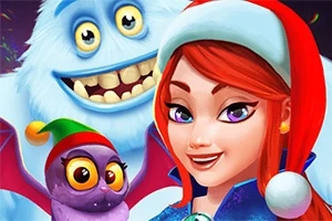 Noel şapkası takmış kırmızı saçlı bir kadın, arka planda bir Yeti ve küçük kanatlı bir yaratıkla birlikte gülümsüyor