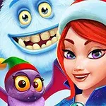 Noel şapkası takmış kırmızı saçlı bir kadın, arka planda bir Yeti ve küçük kanatlı bir yaratıkla birlikte gülümsüyor