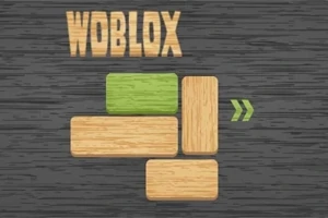 Koyu gri bir arka plan üzerinde, yeşil ve ahşap renkli dikdörtgen bloklar ile Woblox yazısı
