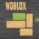Koyu gri bir arka plan üzerinde, yeşil ve ahşap renkli dikdörtgen bloklar ile Woblox yazısı