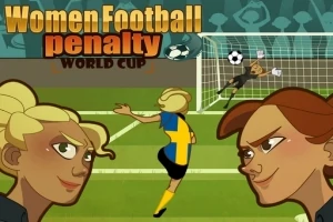 Kadın futbol oyuncusu penaltı atışı yaparken iki kadın karakter ve kaleci sahnede yer alıyor