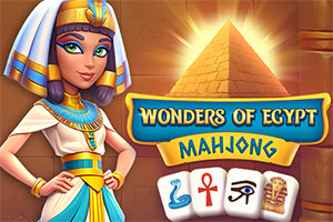 Mısırlı kadın figürü, piramit ve alt kısmında Mısır temalı kartlarla çevrelenmiş Wonders of Egypt Mahjong yazısı