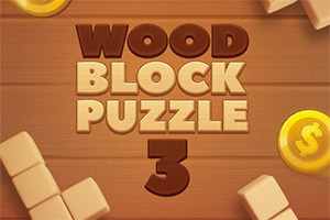 Ahşap zemin üzerinde WOOD BLOCK PUZZLE 3 yazısı, kenarlarda bloklar ve altın rengi jetonlar